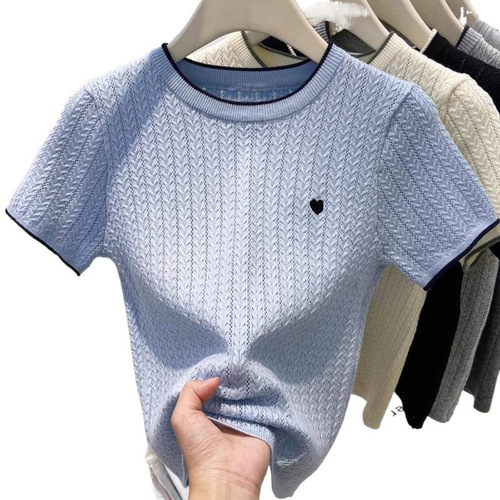 Shoulder knitted short-sleeved shirt for women 2026 summer new style contrasting color round neck embroidery short underlining shirt top