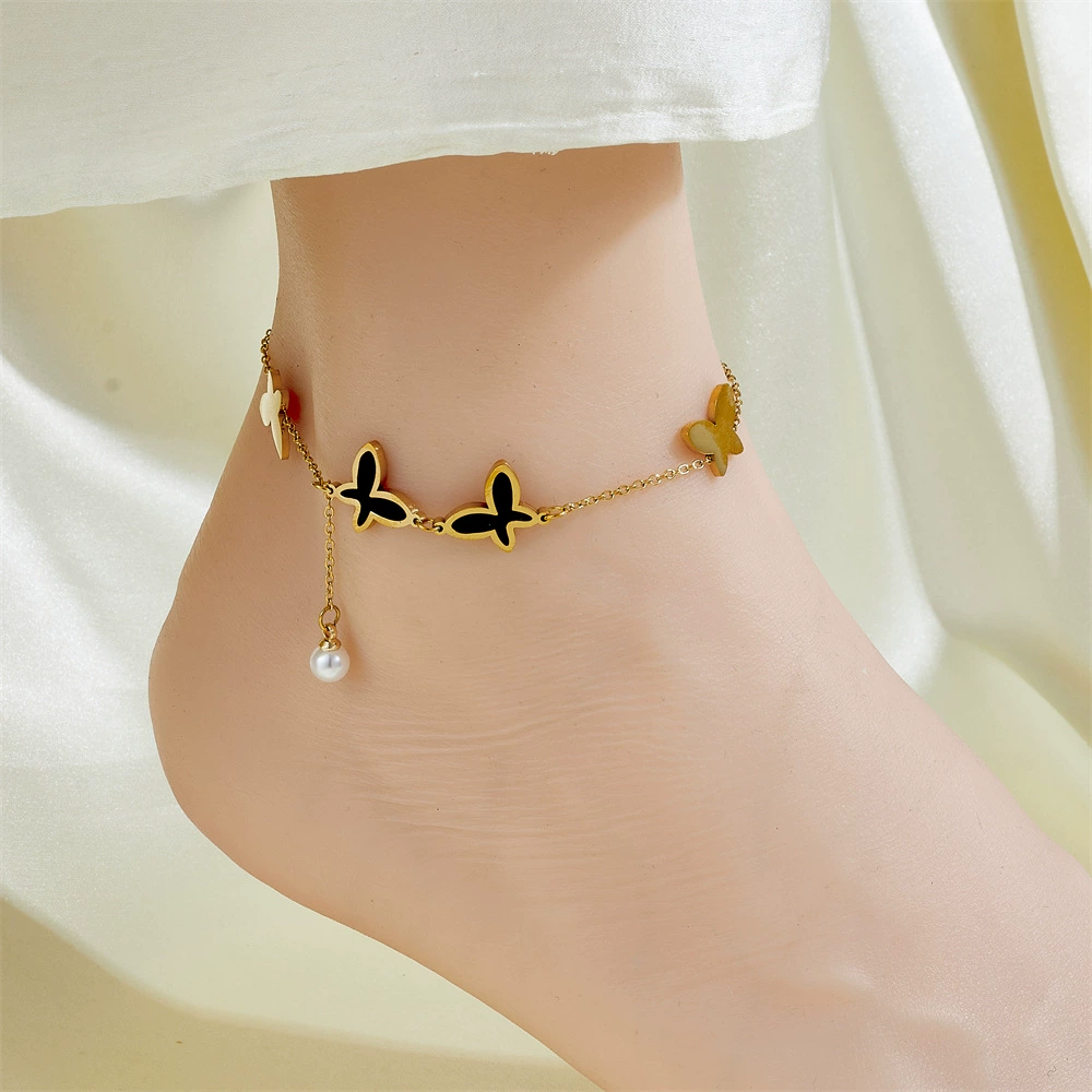 Ankle bracelet, chain, golden fashionable sexy accessory stainless steel, simple and elegant design, light luxury style, internet celebrity, 750 sample gold