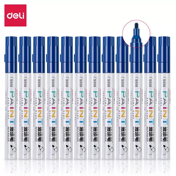 Deli Paint Pen S558 Quick-Drying Marker Oil-Based Tire Pen Touch-Up Paint Pen Blue (12 Pieces/Box)