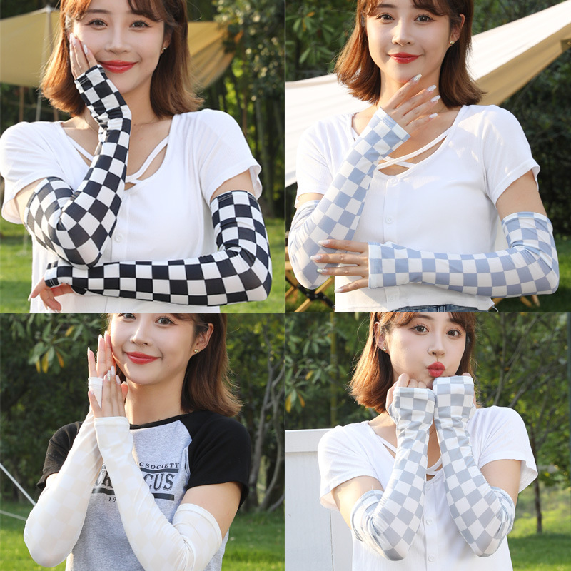 Summer Sun Protection Ice Sleeve for Women, Arm Protector Ice Silk Sleeve Cover, Fashion Printed Long Five-Finger Checkered Sleeve, Wholesale