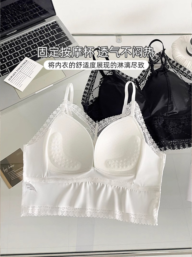 Light Luxury Satin Splicing Lace Fixed Cup Suspender Beautiful Back Intimates Slim Outer Wear Bottoming Anti-Exposure Women's Vest