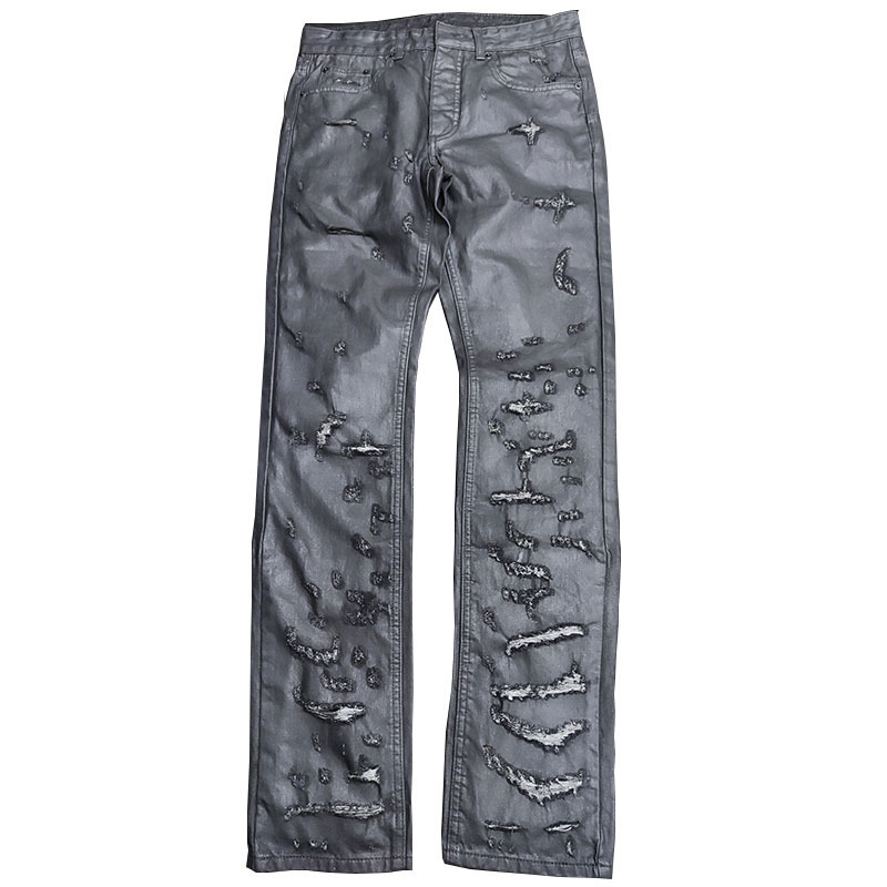 D Vinyl-Style Distressed Wax Pants Home04 Wax Coating Ripped Washed Slim Fit in Stock