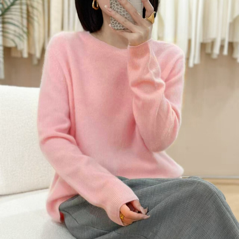 Sweater Women's Autumn and Winter Round Neck Solid Color Pulled Wool Sweater Soft Waxy All-match Solid Color Elegant Sweater Simple Fashion Top