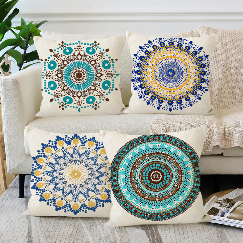 Nueva funda de almohada de estilo étnico, estampado de patrón de estilo mandala, funda de almohada para el hogar, funda de cojín de lino transfronterizo