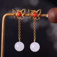 Средние длинные серьги ручной работы s925 серебряный diy национальный стиль и белый нефрит круглые бусы серьги женские ювелирные аксессуары гвозди