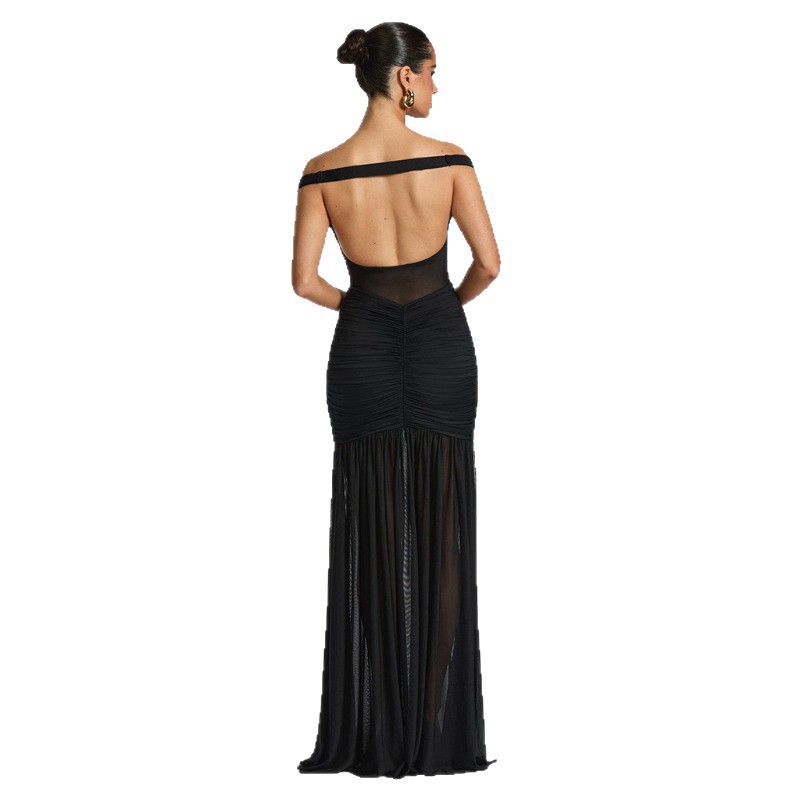 Transfronterizos Europa y Estados Unidos otoño 2025 nuevo estilo de moda para limpiar el pecho de espalda sexy malla plegado abierto vestido de cadera