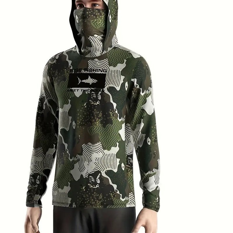 New Men's Hooded Fishing Suit with Mask Camouflage Digital Printing Sun Protection Breathable Suitable for Fishing Outdoor Activ