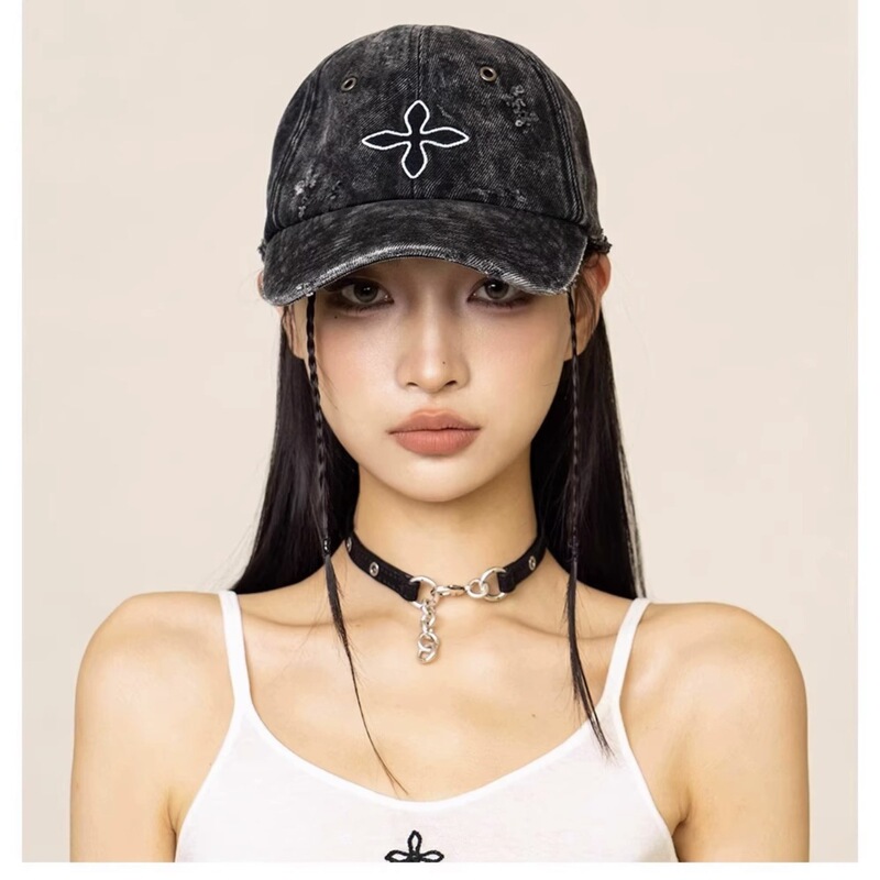 Zhang Tianai Same Style Cruciferous Denim Baseball Cap Street Spice Girl Travel Sunshade Curved Eave Cap Women's New