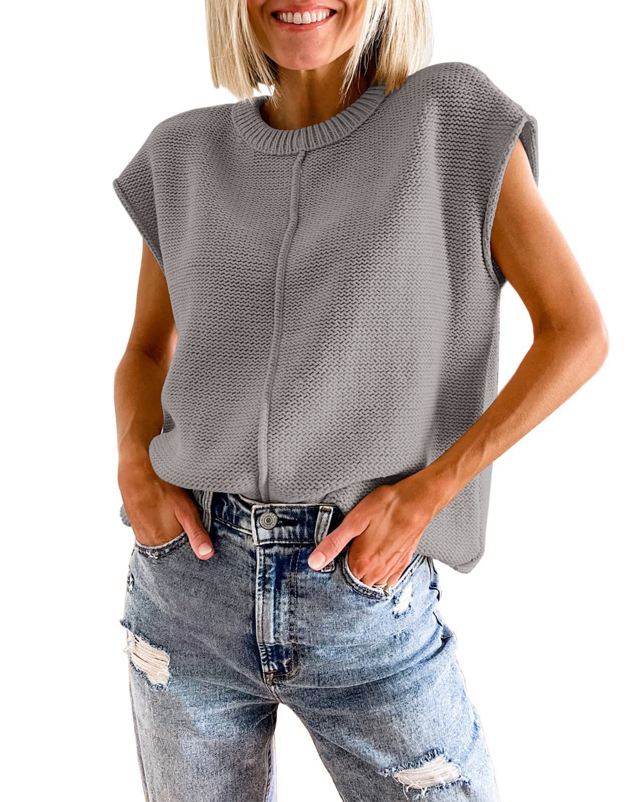 2024 Comercio exterior transfronterizo de Amazon para mujer sin mangas top moda casual cuello redondo suéter de punto suelto mujer
