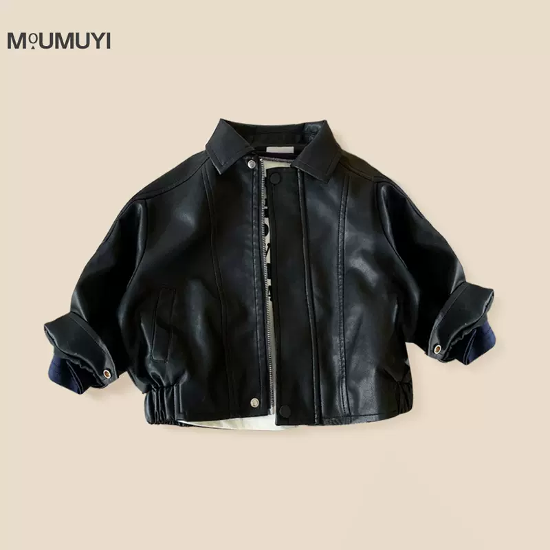 2025冬季新款儿童皮衣PU皮夹克机车外套男童中小童加厚纯色外套潮