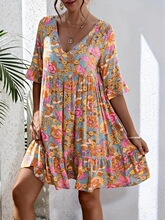 T 84817 V Neck Floral Print Dress �����ׁ��B��ȹ �羳�W