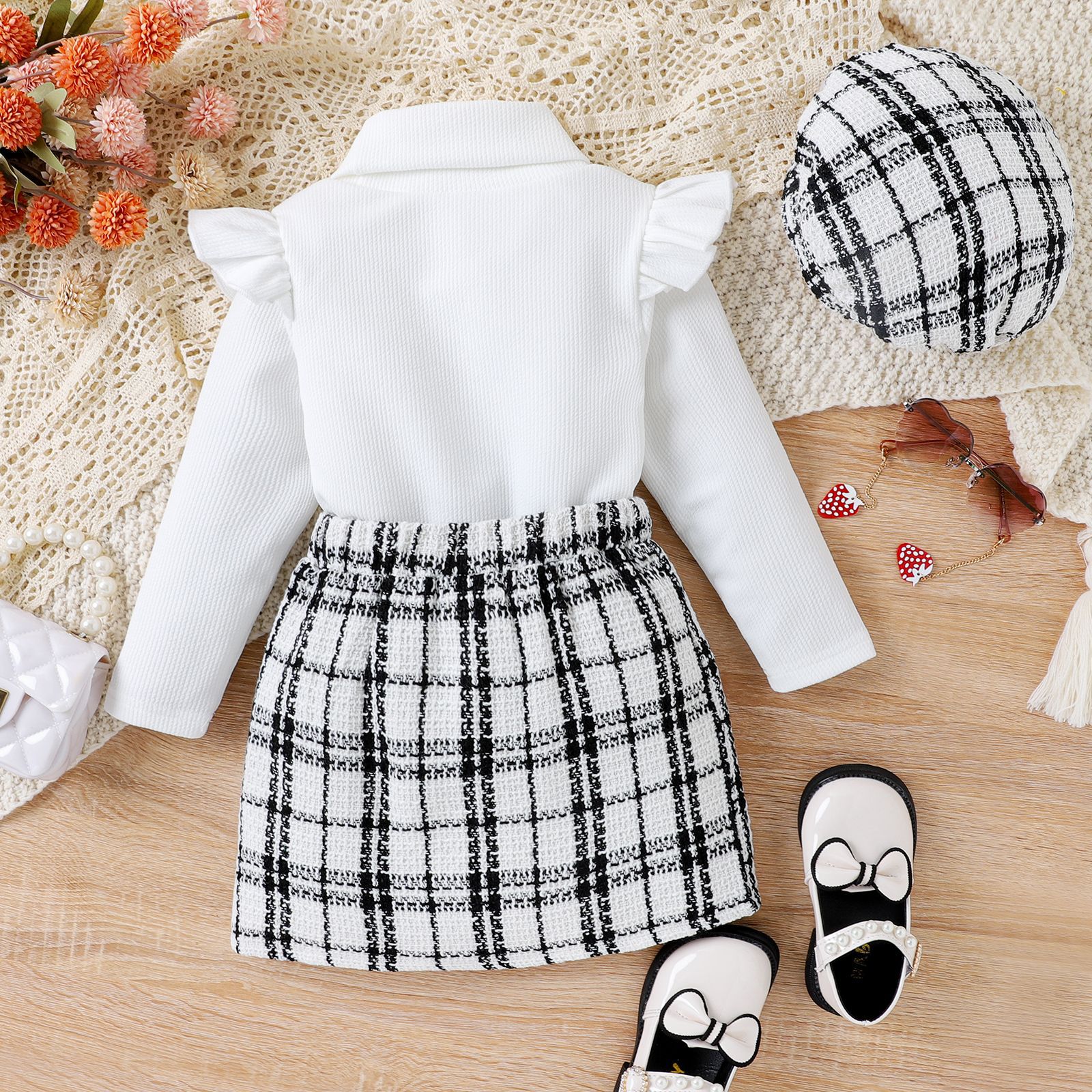 Autumn winter medium-sized children's with high collar cotton top, small fragrant checkered short skirt, and hat three_voghion.com