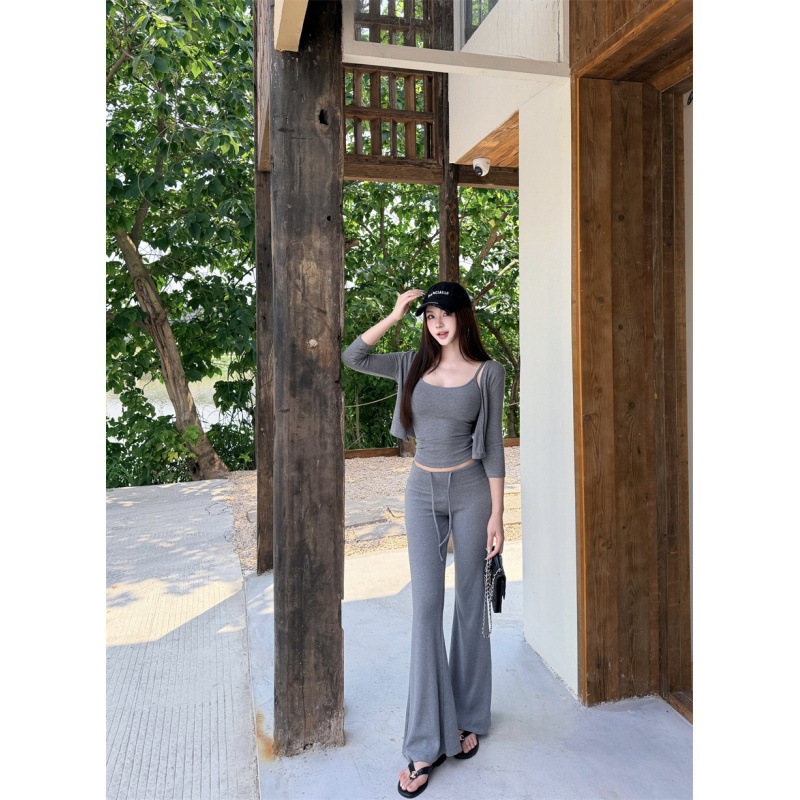 Summer New Style Pure Desire Outfit Set: Short Cardigan + Slim-Fit Camisole + Slightly Flared Casual Pants Three-Piece Set for Women