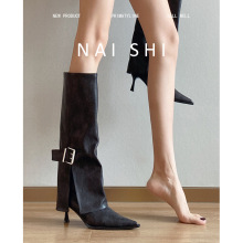 羊皮版！尖头骑士靴女皮带扣高跟裤管靴细跟高筒直筒靴显瘦长靴