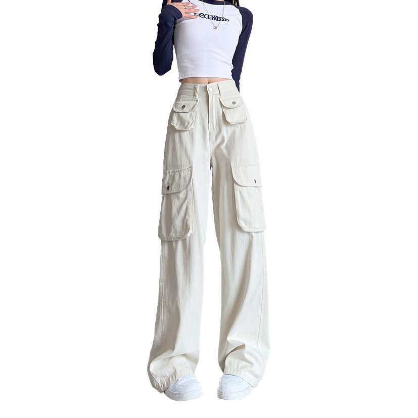 Pantalones cargo de estilo americano para mujer 2025, nuevos pantalones vaqueros para mujer, pantalones anchos casuales de pierna ancha, rectos y adelgazantes de cintura alta para primavera y otoño.