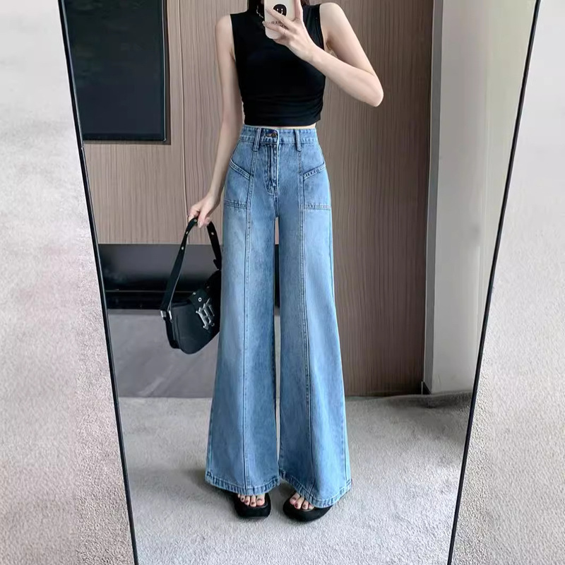 American Retro Split Blue Jeans for Women 2026 Spring and Autumn Casual Loose Wide-Leg Flared Straight Floor-Length Pants