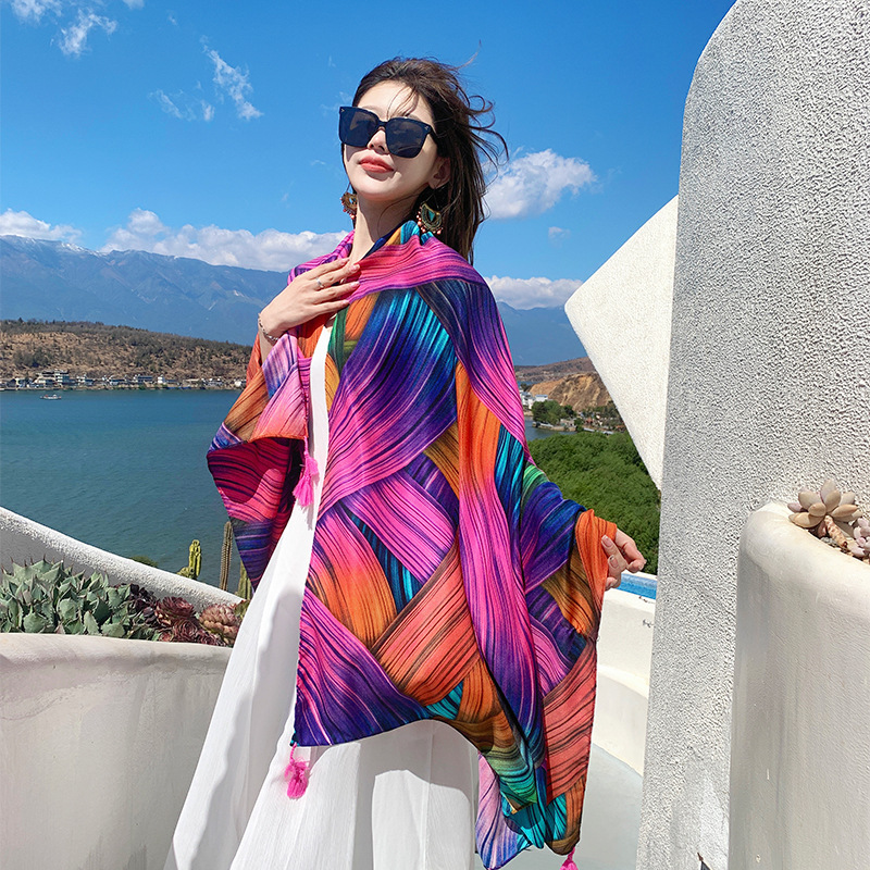 Primavera y verano Líneas geométricas coloridas delgadas viajes protector solar Toalla de playa algodón y lino sensación bufanda Mujer al aire libre de doble uso chal