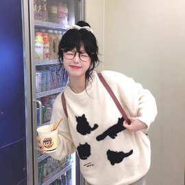 卡通猫咪马海毛毛衣女秋冬潮牌美式复古宽松慵懒风内搭针织衫上衣