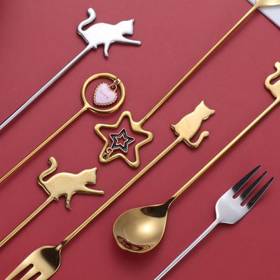 創意日系304不鏽鋼咖啡勺 可愛貓咪蛋糕甜品水果叉 ins風攪拌勺