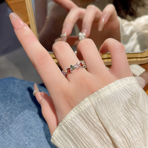 INS personality cold wind zircon ring high-end light luxury exquisite versatile open ring internet celebrity broken silver fashion finger