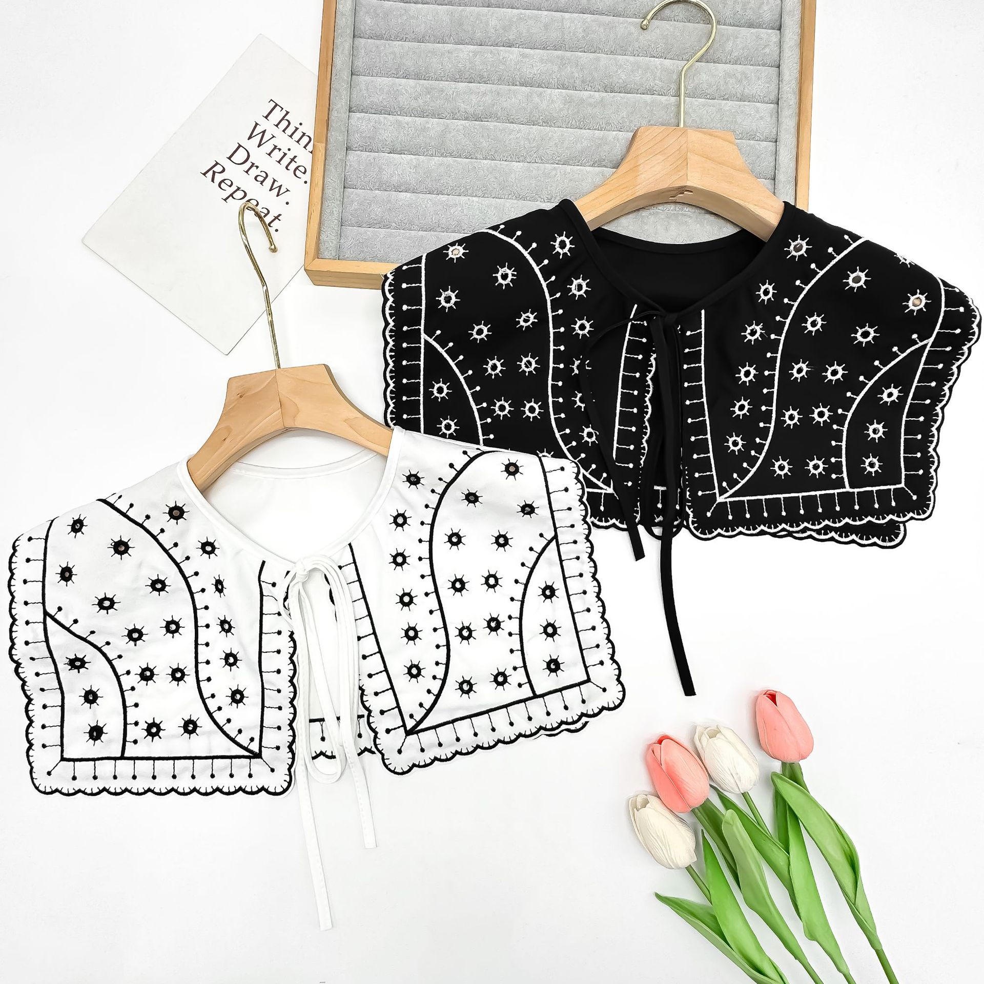 Informática bordada negro y blanco cuello camiseta decoración suéter shale cuello cuadrado flor cuello ropa de mujer comercio exterior ropa image 3