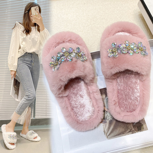 Cross-border furry slippers for women, autumn and winter outer wear, large size home warm floor slippers, confinement cotton slippers, foreign trade wholesale
