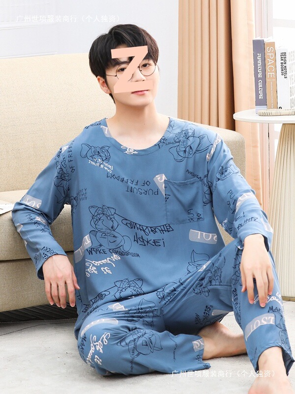 Spring and Autumn Men's Pajamas, Summer Youth Cotton Silk Pajamas Set, Cotton Silk Home Clothes, Middle and Large Children's Students' Long Sleeves