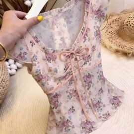 法式甜美风领碎花系带上衣女收腰高级小衫夏季木耳边设计感内搭