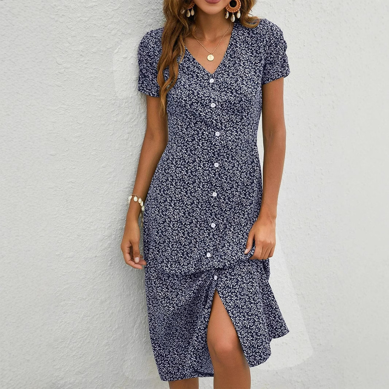 European and American Cross-Border Independent Station Export Women's Clothing 2024 Spring and Summer New Single-Breasted V Neck Floral Mid-Length Dress European and American Cross-Border Independent Station Export Women's Clothing 2024 Spring and Summer New Single-Breasted V Neck Floral Mid-Length Dress