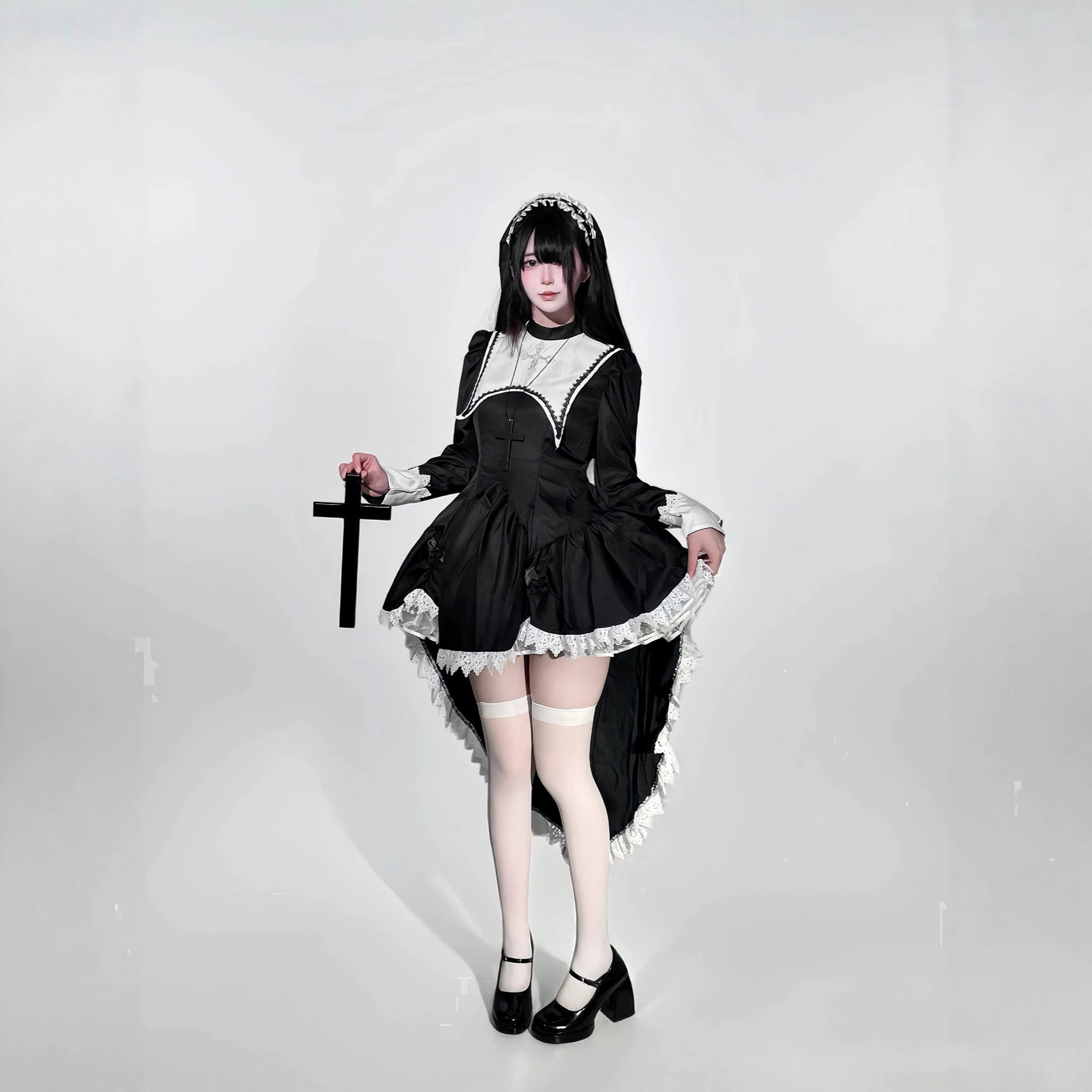 Cross-Border New Product: Dark Style Sweet-Cool Embroidered Cross Halloween Nun Costume Cos Performance Outfit Subculture