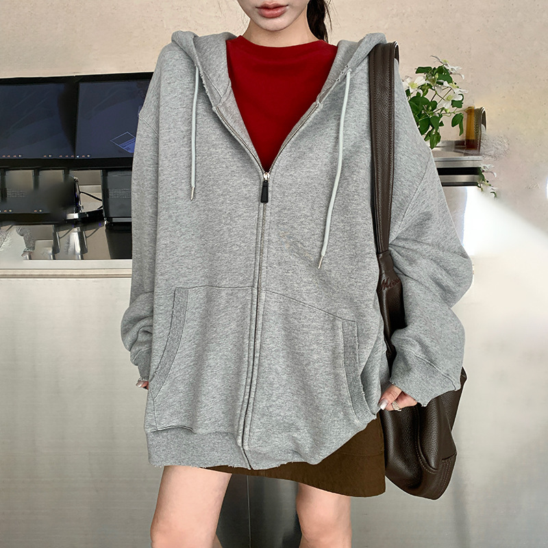 Heavyweight Terry Cotton Spring New Sweatshirt Jacket Women's Korean Style Zipper Lazy Style Loose Hooded Cardigan Top