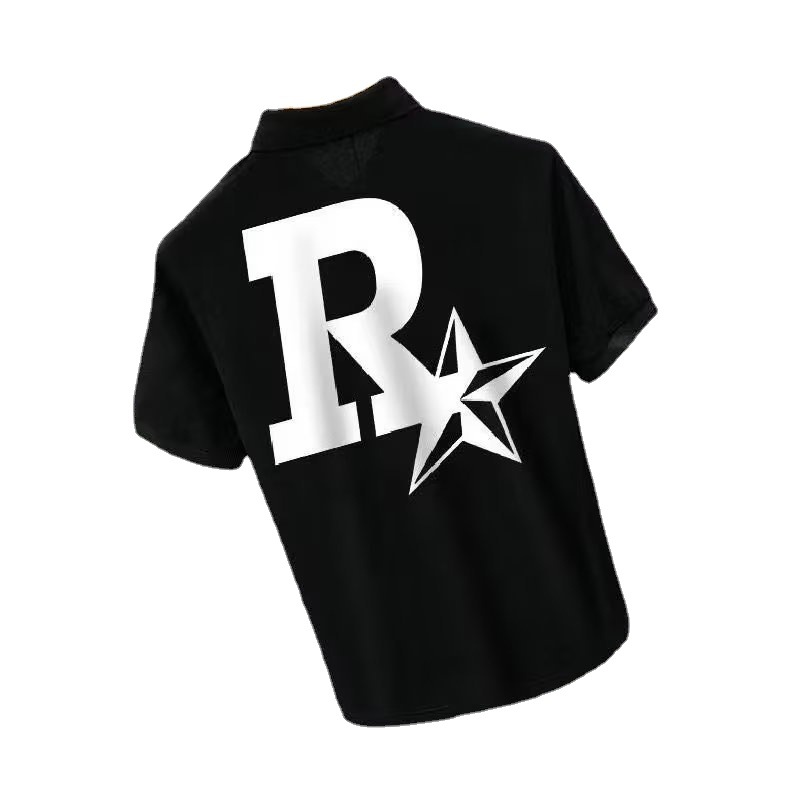 Verano 2023 camisa de Polo para hombre verano estampado de estrellas suelta estilo Hong Kong versátil estudiante casual cuello redondo camisa de manga corta blanco