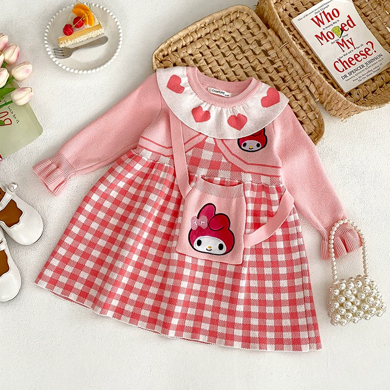 Sweet Melody розовое платье-свитер для девочек осенне-зимнее платье Маленькая девочка мультфильм с длинным рукавом клетчатая трикотажная юбка