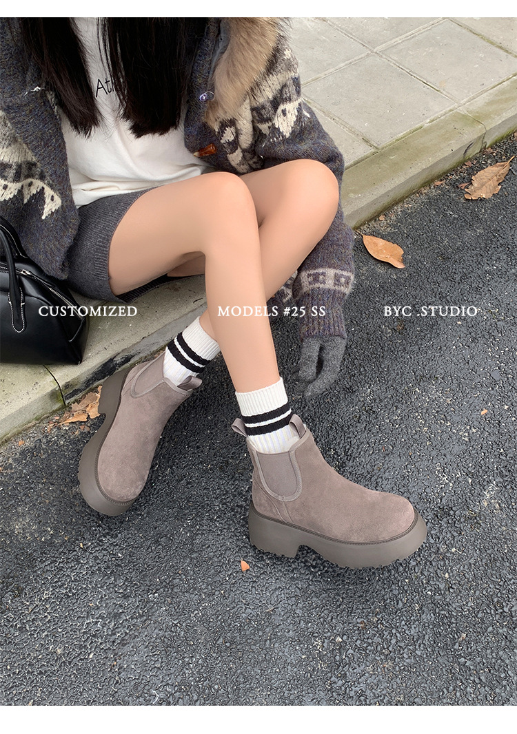 Boot Chelsea nữ da dê lót lông cừu đế dày platform ấm mùa đông — màu đen chi tiết 9