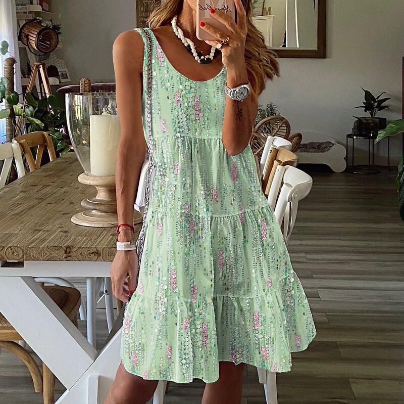 Cross-Border New Holiday Dress Casual and Fashionable Floral Print Loose Round Neck Sleeveless Mid-Length Dress