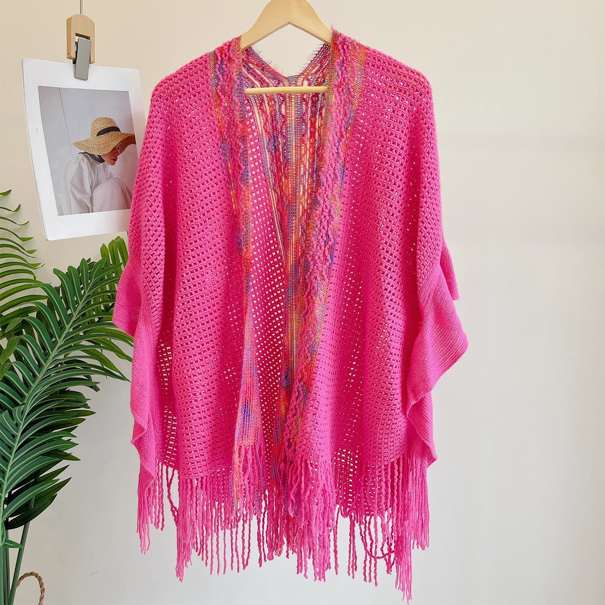 Nuevo chal de mujer, tiras de color, suéter de punto, foto de viaje, capa étnica de todo fósforo, capa de todo fósforo, viaje