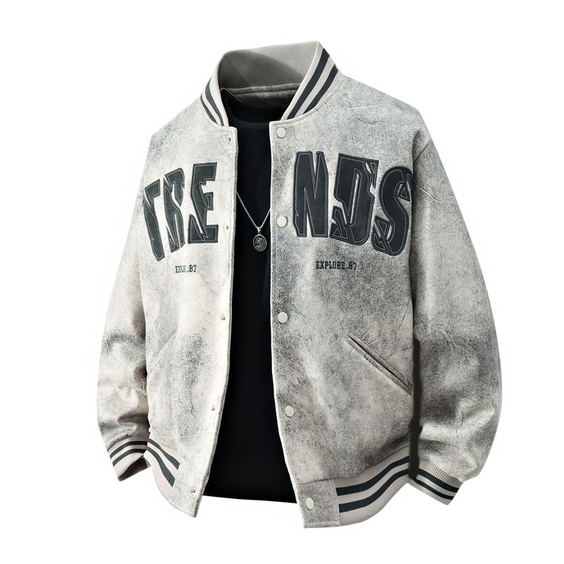 American High Street Style Lapel Workwear Bomber Jacket for Men, Trendy Brand Single-Breasted Design Baseball Jacket