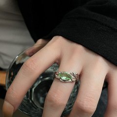 冷淡風綠色鋯石紋理開口戒指女輕奢小眾高級感指環個性時尚食指戒