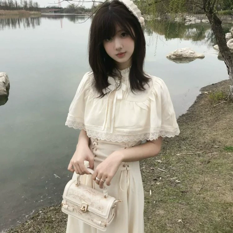 Весенне-летнее новое белое платье с короткими рукавами и кружевным бантом в японском стиле в стиле лунного света