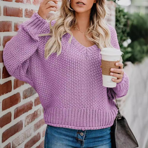 WishEbay Autumn/Winter European and American Loose Knit V-neck Sweater for Women