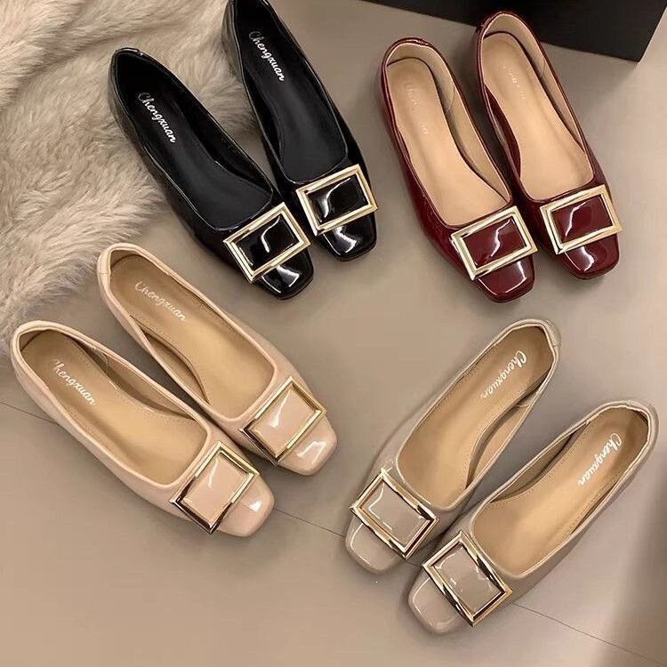 Fashionable and stylish metal buckle square-toed women's shoes, low-cut versatile slip-on height-increasing commuter leather shoes for summer 2025 Fashionable and stylish metal buckle square-toed women's shoes, low-cut versatile slip-on height-increasing commuter leather shoes for summer 2025