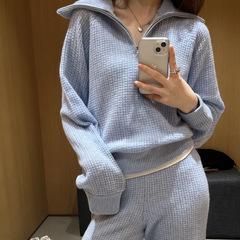 alo sco秋季新款老钱风松弛感v领半拉连长袖华夫格气质针织女套装