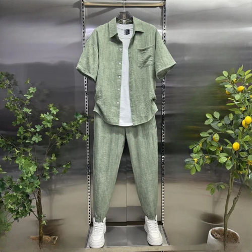 Men's 2025 Summer New Casual Set: Collared Shirt and Long Pants Two-Piece Set, Comfortable and Versatile Sports Suit