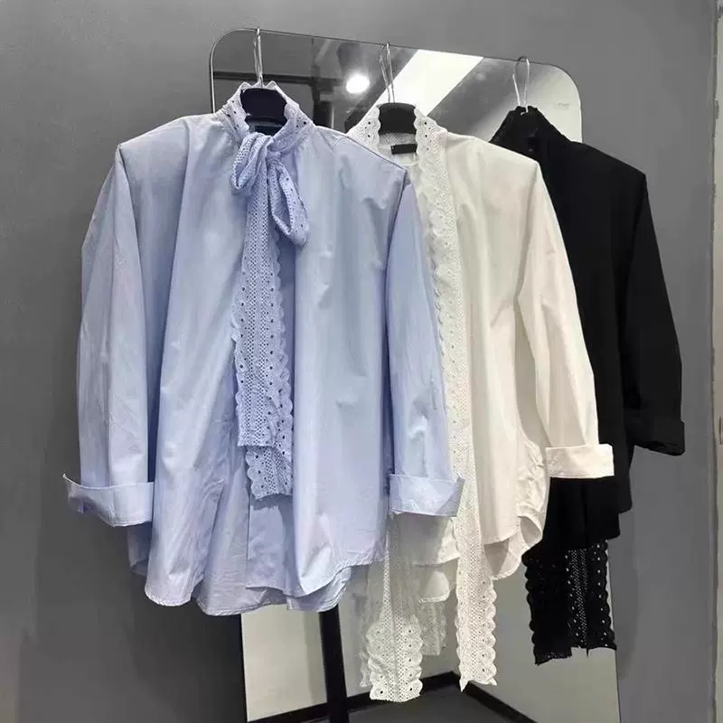 2026年春季新款设计感宽松蕾丝蝴蝶结设计感百搭长袖衬衫女上衣潮