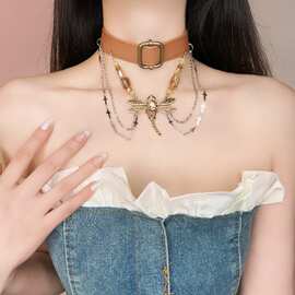 美拉德风棕色皮革镶钻蜻蜓流苏项链个性辣妹choker项圈复古锁骨链