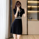 Celebrity Xiaoxiang Style Knitted Black Dress 2023 Spring and Summer New Short-sleeved Lapel High Waist A- line Ice Silk Dress