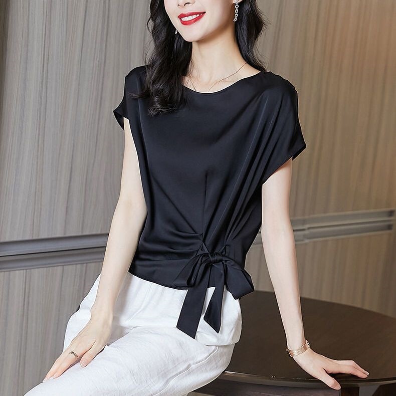 Silk Short-Sleeve T-Shirt for Women, Black, Summer 2025, New Style with Ties, Loose Fit, Short Style, Slimming, Plus Size Silk Short-Sleeve T-Shirt for Women, Black, Summer 2025, New Style with Ties, Loose Fit, Short Style, Slimming, Plus Size