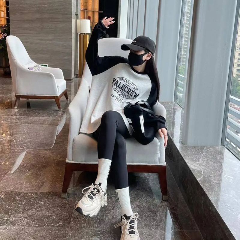 棉撞色插肩长袖加绒卫衣女宽松中长款打底衫搭配鲨鱼裤厚潮