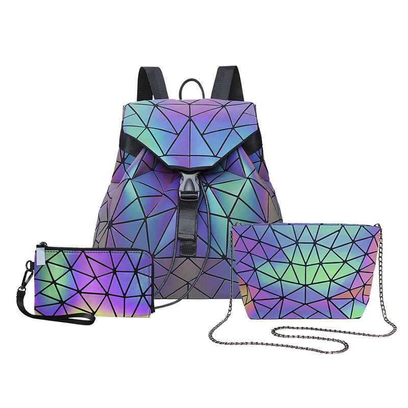 Three-piece Lingge Luminous Backpack Student Schoolbag Folding Reflective Geometric Backpack Colorful