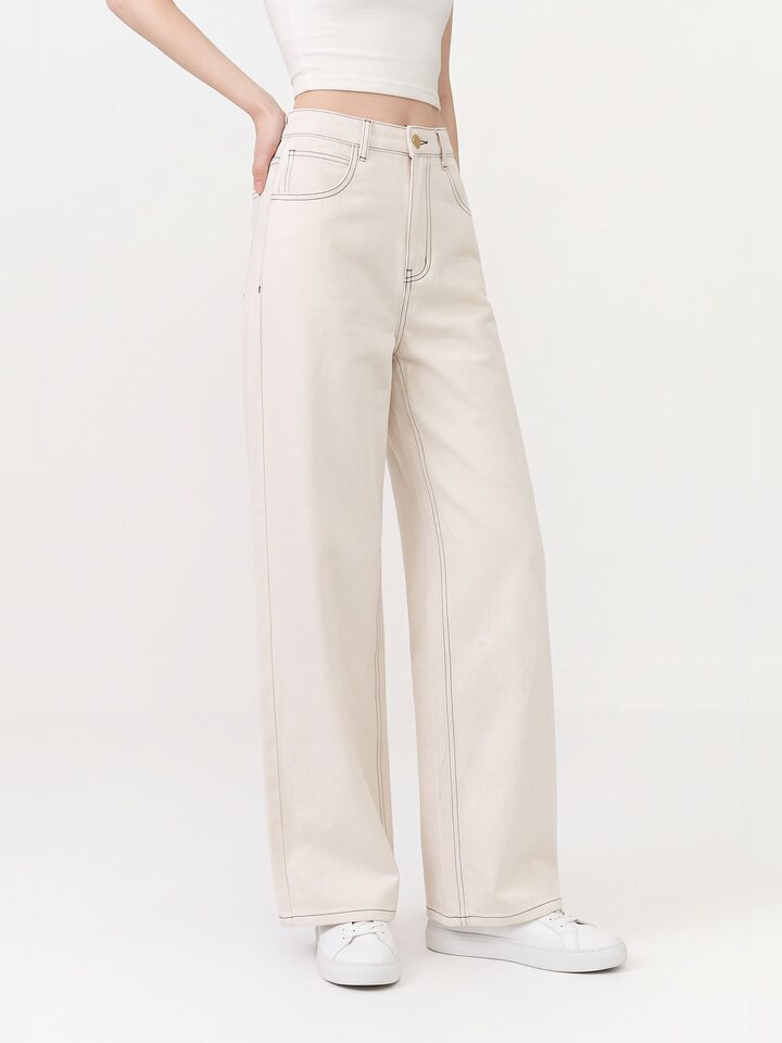 Quần jeans nữ ống rộng lưng cao dáng suông có đường chỉ nổi — Gạo trắng